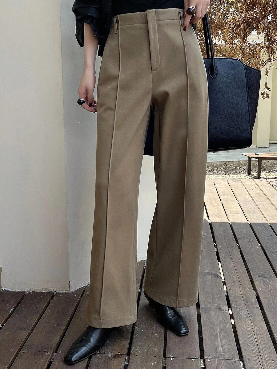 DAZY 女士纯色修身直筒裤，优雅百搭，休闲工作皆宜，厚实羊毛混纺面料，秋冬商务装 - 棕色 - 查看 1