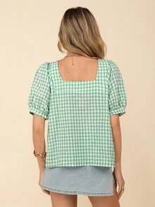 Coeurva 女式休闲方领格子短袖衬衫，春夏 - 綠色 - 查看 3