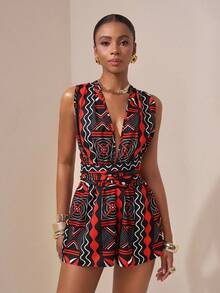 Zivah 2025 Spring And Summer New Music Festival Bohemian Vacation Sexy Party Party Sleeveless Cross Halter Tie Waist Section Backless Wide-Leg Shorts Diamond Pattern Plaid All-Over Pattern Style Printed Women's Jumpsuit - Red - View 6