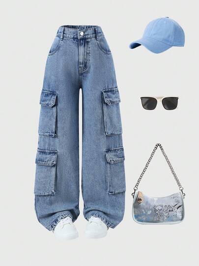 Tween Girls Y2K 风格女孩牛仔裤，休闲宽松多口袋直筒牛仔裤，舒适棉质面料，适合上学和通勤，四季皆宜