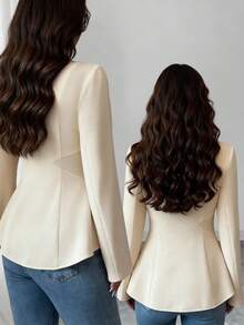 Elenzga Áo khoác vải họa tiết màu mơ vàng dài tay bất đối xứng, thắt eo thanh lịch dành cho nữ khi đi làm - Màu vàng - Xem 2