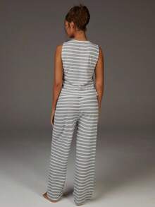 Athîral 女士休闲前扣条纹印花吊带上衣和裤子睡衣套装，居家装 - 淺灰色 - 查看 4