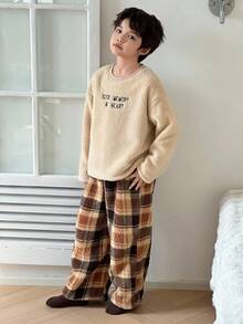 DAZY 两件套男童抓绒圆领字母刺绣卫衣和长裤家居服套装，秋冬款 - 卡其色 - 查看 7