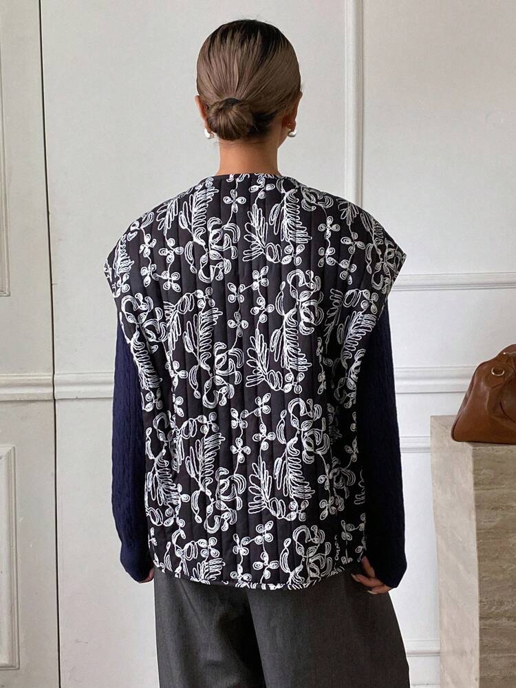 Floral Print V-Neck Sleeveless Thick Jacket, Casual Street Style Autumn/Winter Coat For Women Vest
