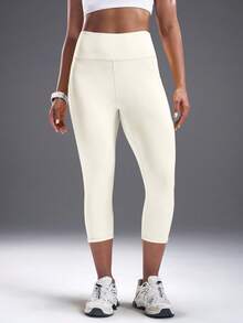 SHEIN Sports Quần legging thể thao nữ dài đến khuỷu tay, cạp cao, có túi, màu trơn, kiểu dáng thường ngày. - Màu be - Xem 3