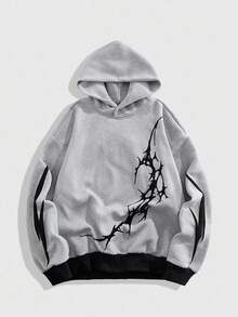 ROMWE MEN Goth 男士烫金印花长袖休闲宽松连帽卫衣，秋冬 - 淺灰色 - 查看 1