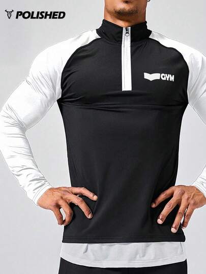 Manfinity Sport Polished 男式拼接插肩长袖半拉链立领运动 T 恤，适合健身、跑步、骑行