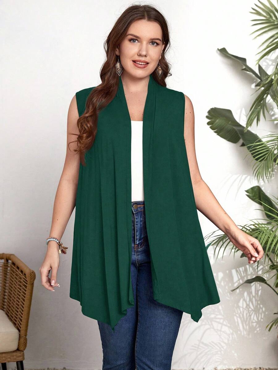 EMERY ROSE Plus Size Sleeveless Solid Color Casual Vacation Jacket, Summer/Winter - Green - View 1