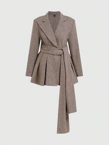 Radiana 大码女装秋冬优雅日常百搭长袖荷叶边修身西装外套（含腰带），正式千鸟格纹，复古时尚通勤棕色格纹套装，适合街头风、都市风、性感办公室女郎、度假装、通勤、商务、复古、派对、度假、外出、老钱风、层次感丰富的穿搭、约会之夜、聚会、极简主义、生日、正式场合、辣妹风、伊比沙岛风、纳什维尔风、休闲、端庄、时尚、休闲、购物、街头风、外出等多种场合，修身显瘦。 - 卡其色 - 查看 11