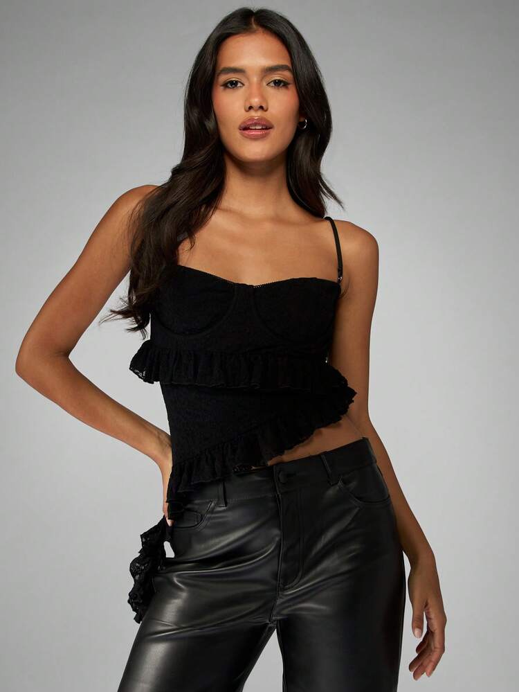 MISSGUIDED Black Lace Cami Top With Tiered Ruffles And Adjustable Straps For Summer Evening Wear