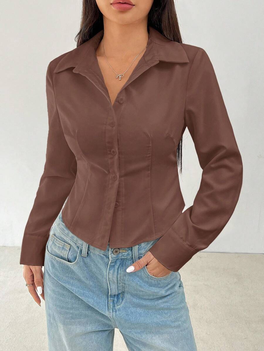 SHEIN PETITE Áo sơ mi dài tay cơ bản, giản dị, có cạp chun - màu nâu - Xem 1