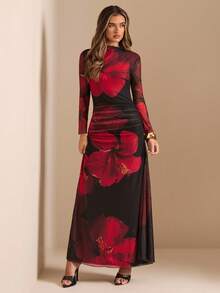 SHEIN BAE Nuevo vestido ajustado de manga larga con estampado de malla floral teñida anudada en rojo para fiesta y vacaciones, otoño/invierno