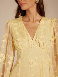 Enchnt Fall/Winter Romantic Women's Yellow 3D Floral Embroidery V-Neck Long Lantern Sleeves Mini Dress - Yellow - View 2