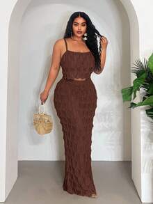 Veslaya 2025 New Sexy/Vacation/Elegant Sleeveless Hollow-Out Cropped Top And Bodycon Maxi Skirt Set - Brown - View 1