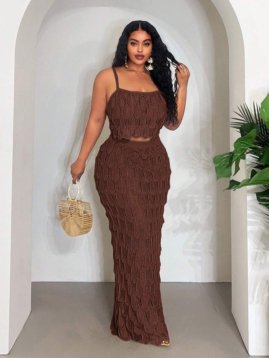 Veslaya 2025 New Sexy/Vacation/Elegant Sleeveless Hollow-Out Cropped Top And Bodycon Maxi Skirt Set - Brown - View 1