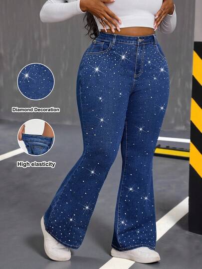 Slaydiva Plus-Size Jeans, High-Waisted, Skinny Flared Jeans, Rhinestone-Studded Denim Flared Jeans, Royal Blue Jeans, Fashionable Streetwear, Dating Clothes, Party And Music Festival Wear, Y2K Bling Jeans Glitter Jeans Rhinestone Denim