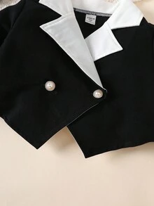 少女撞色翻领西装外套+百褶裙套装 - 黑與白 - 查看 6