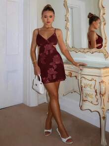 SHEIN PETITE Đầm nữ cổ chữ V khoét eo lãng mạn thanh lịch - Màu Đỏ Sâu - Xem 5