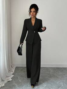 Elenzga 女士优雅翻领 V 领长袖独特设计腰带纽扣高端西装外套和直筒阔腿裤两件套西装，适合秋季上班通勤 - 黑色 - 查看 3