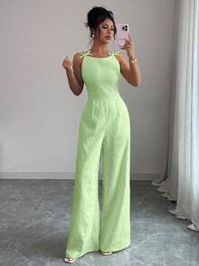 Elenzga Combinaison ample à jambes larges avec taille cintrée en tissu jacquard avec nœud papillon et marguerite, élégante pour les femmes, convient pour les déplacements quotidiens - Vert - Voir 4