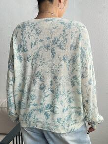 Dazy Plus 女式时尚花卉印花宽松加大码圆领套头衫，春秋季 - 淺藍色 - 查看 2