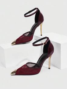 CUCCOO SZL 性感时尚尖头金属扣酒红色透气网布绑带女式镂空细高跟鞋，圣诞节必备 - 酒紅色 - 查看 4