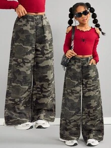 少女Y2K街头风迷彩口袋松紧腰阔腿宽松牛仔裤，万圣节服装，秋季，圣诞节裤装，秋季，迷彩树枝印花宽松牛仔裤，军绿色牛仔裤，高腰长款阔腿牛仔裤，通体豹纹印花，迷彩印花阔腿牛仔裤，适合街头风冬季穿着，迷彩工装裤，阔腿裤，迷彩裤，阔腿迷彩裤 - 軍綠色 - 查看 1