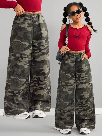 Tween Girls 的 Y2K 街头迷彩口袋松紧腰阔腿宽松牛仔裤、万圣节服装、秋季服装、圣诞裤、秋季服装、迷彩和树枝印花宽松牛仔裤、军绿色牛仔裤、青少年豹纹高腰长款阔腿牛仔裤、青少年女孩迷彩印花阔腿牛仔裤，适合街头风格