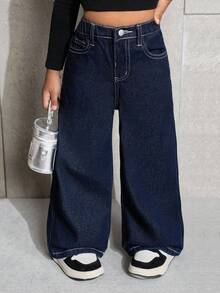 SHEIN 少女宽松骷髅手印深蓝色牛仔裤 - 深色水洗藍 - 查看 2