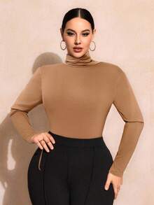 SHEIN SXY Plus Size Solid Color Slim Fit High-Necked Long Sleeve All-Match T-Shirtbasic Tees