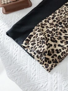 Baby Girl 2pcs Set: Loose Leopard Print Wide Leg Pants And Solid Black Wide Leg Pants , Casual Chic Outfits For Autumn/Winter - Black - View 8