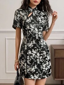 EastFlair Women's Floral Print Short Sleeve Mini Dress Fall Clothes For Women Christmas Women's Clothing Formal Dress Dress   Chinese Style Vintage Dress  Fall Clothes For Women Christmas Women's Clothing - Black - View 5