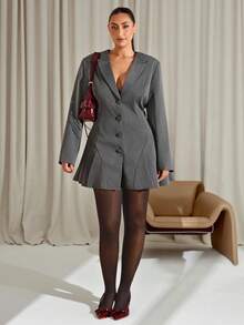 SHEIN BAE 秋冬大码优雅通勤褶皱下摆前扣连衣裙