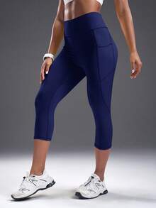 Powerista Quần legging thể thao liền mạch lưng cao màu trơn - Màu xanh hải quân - Xem 5