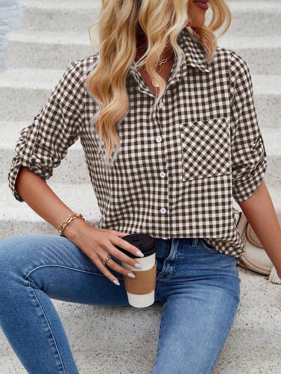 EMERY ROSE 女士秋季新年格子长袖衬衫 - 咖啡棕 - 查看 1