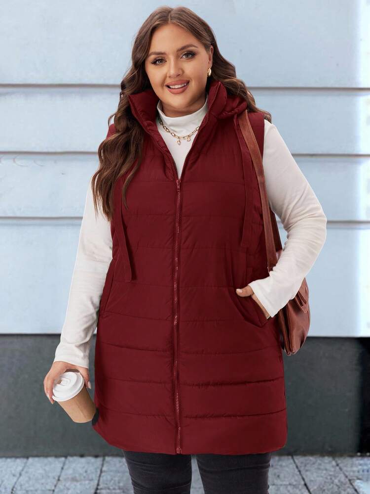 Plus Size Plain Hooded Padded Vest Jacket With Pockets/Winter