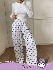 DAZY HELLO KITTY AND FRIENDS | SHEIN 女士卡通图案修身长袖上衣和印花直筒裤睡衣套装，秋冬服装 - 白色 - 查看 1