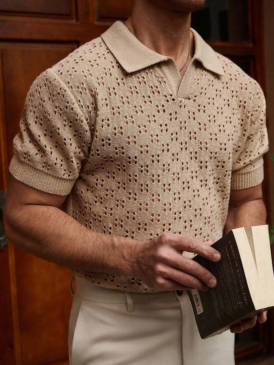 Manfinity Homme Men's Solid Color Short Sleeve Hollow Simple Casual Knit Top - Apricot - View 1