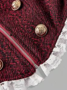 SHEIN MOD Women's Burgundy Double-Breasted Lace Vintage Cropped Jacket In Fall/Winter