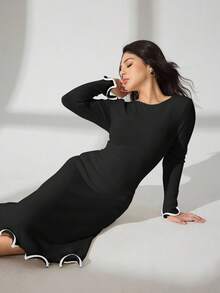 Modelyn Gaun Bodycon Lengan Panjang Rajut Bergaris Seksi Musim Gugur/Dingin Gaun Hitam Gaun Lengan Panjang Hitam Gaun Bergaris Gaun Elastis Tinggi Gaun Ramping - Hitam - View 6