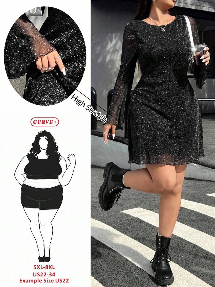 SHEIN CURVE+ 大码女式喇叭袖闪光网眼连衣裙/秋冬 - 黑色 - 查看 1
