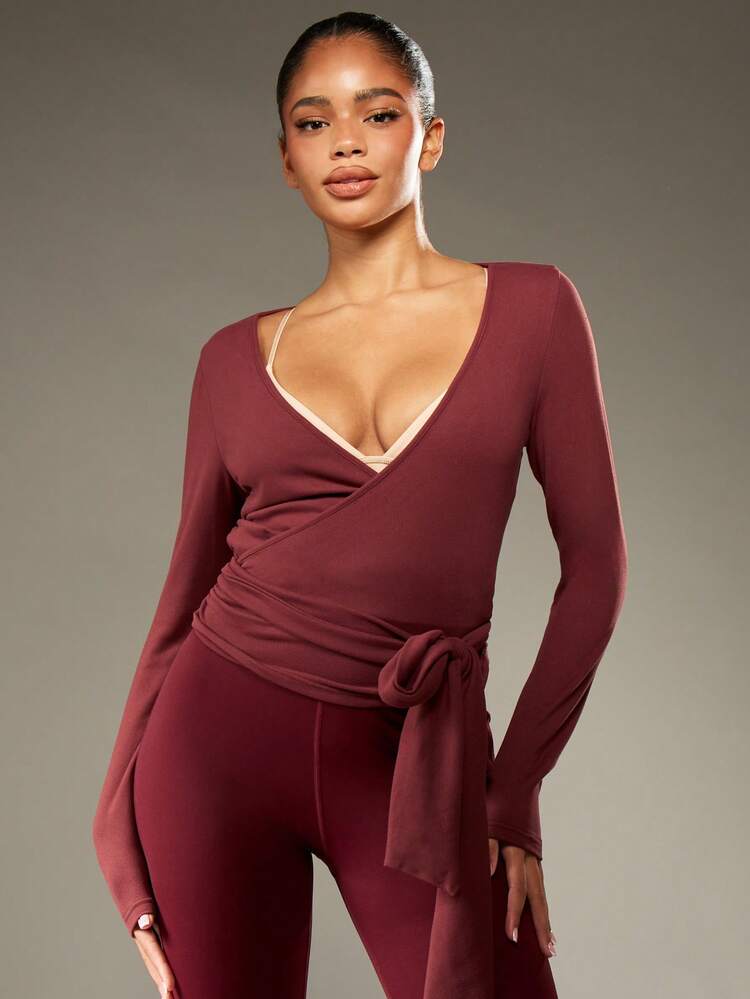 MISSGUIDED Wrap Ballet Style Top With Side Tie Long Sleeve Top Perfect For Layering Fall Winter Collection Cross Over Front Design Christmas