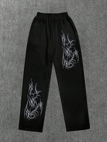 INAWLY Women's Rhinestone Graphic Print Pants, Casual Straight Leg Comfortable Trousers Suitable For Daily Wear - Black - View 4