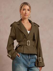 Lumalex Áo khoác trench coat ngắn màu trơn có thắt lưng dành cho nữ mùa thu đông - Cà phê nâu - Xem 8