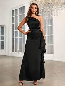 SHEIN Belle Adult Bridesmaid Dress With Pleated Details, Ruffle Overlay, One Shoulder Strap
