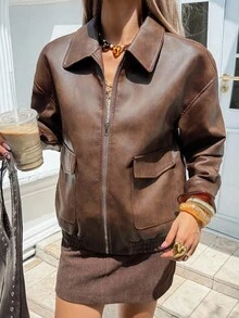 DAZY 女士休闲PU皮夹克，常规版型，秋季女士皮夹克外套 - 棕色 - 查看 8