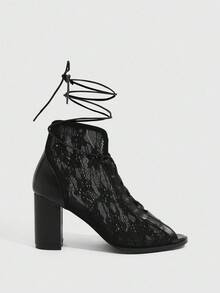 CUCCOO SZL Giày cao gót nữ thời trang gợi cảm với thiết kế lưới, thoáng khí, quai mảnh, thoải mái cho tiệc tùng và dạ hội - màu đen - Xem 7