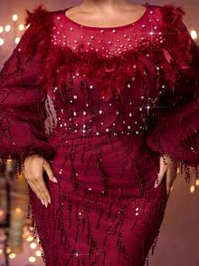 Glamrae 加大码优雅浪漫红色圆领透明长袖奢华串珠流苏领子镶嵌亮片羽毛装饰美人鱼下摆奢华派对庆典婚礼礼服 - 酒紅色 - 查看 6