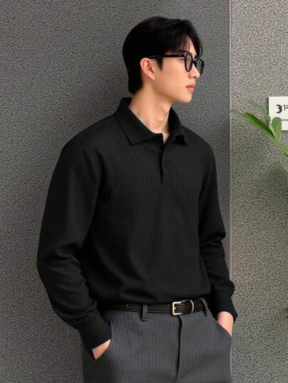 Manfinity Homme Camisa polo de manga larga de unicolor, de corte holgado, para uso casual/empresarial, para otoño