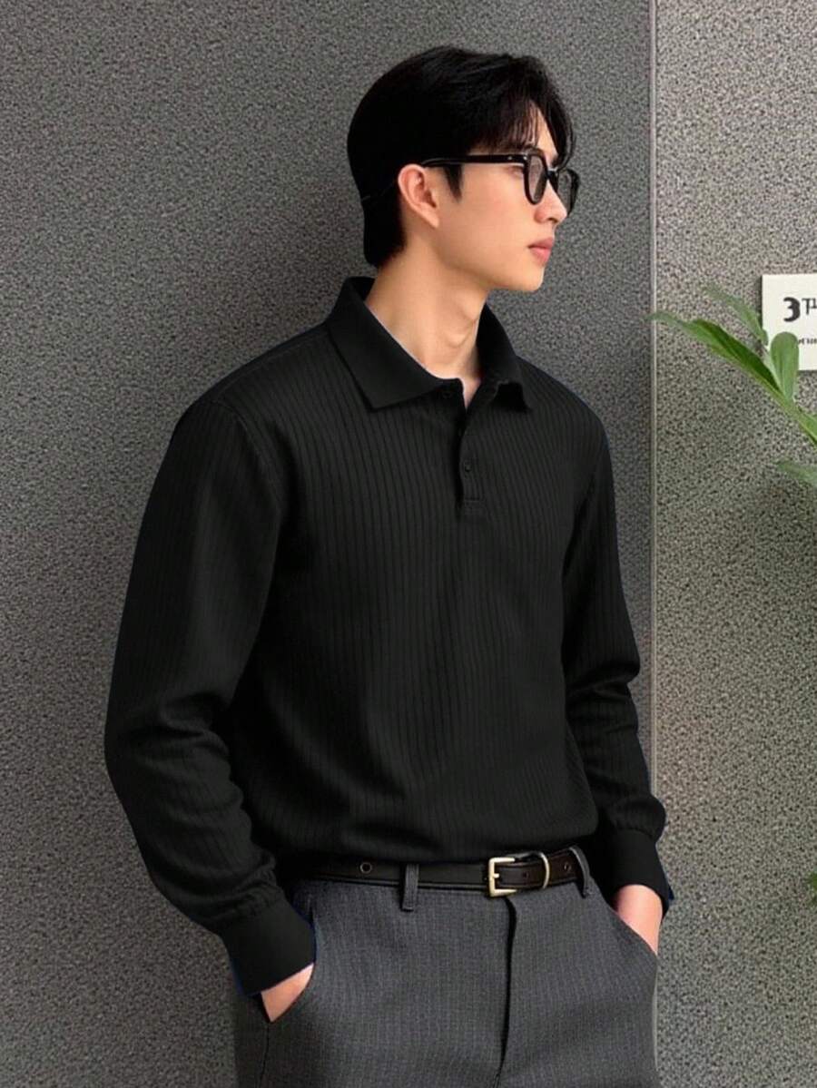 Manfinity Homme Men's Solid Color Long Sleeve Casual/Business Loose Fit Polo Shirt, For Fall